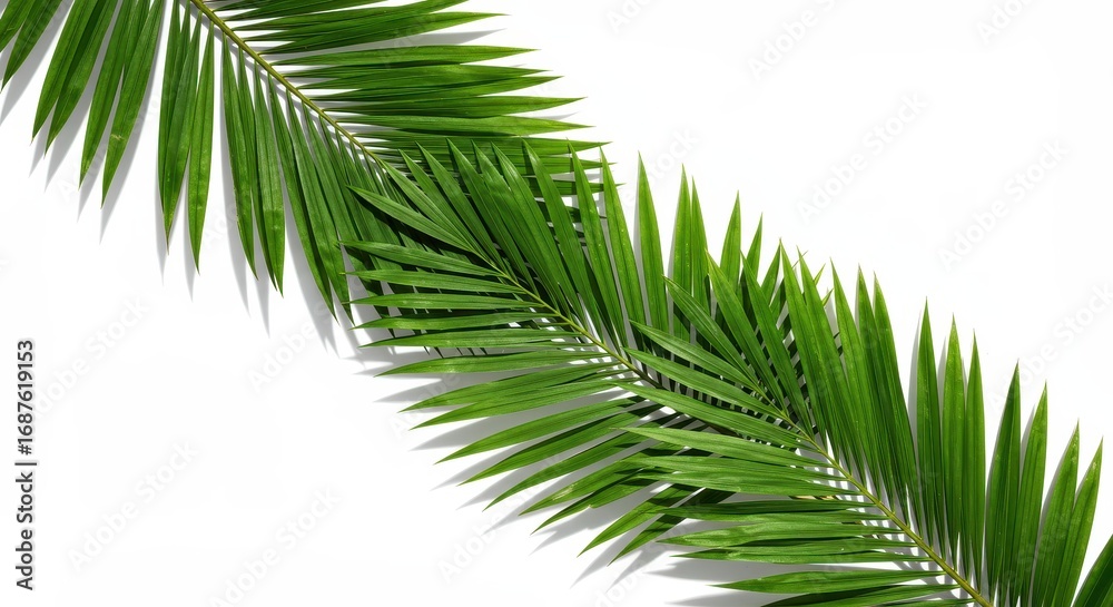 Fototapeta premium Diagonal Palm Fronds - Vibrant Green Leaves on Clean White Background, Minimalist Tropical Design.