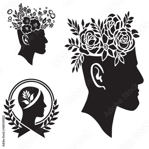 Creative silhouettes of human heads filled with blooming flowers symbolizing mental health awareness growth and the blossoming of positive thoughts and emotional wellbeing