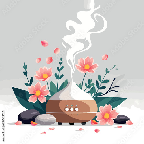 Aromatherapy with diffuser and petals. Wellness relaxation vector isolated on white.