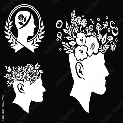 Mental Health Awareness Concept Artistic Silhouettes with Floral Brain Imagery Representing Growth and Mindfulness