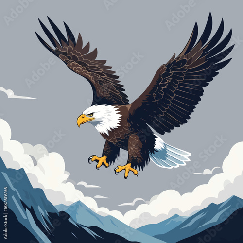 Soaring bald eagle above mountains. Powerful freedom vector isolated on white.