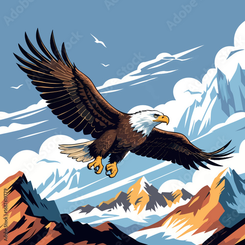 Soaring bald eagle above mountains. Powerful freedom vector isolated on white.