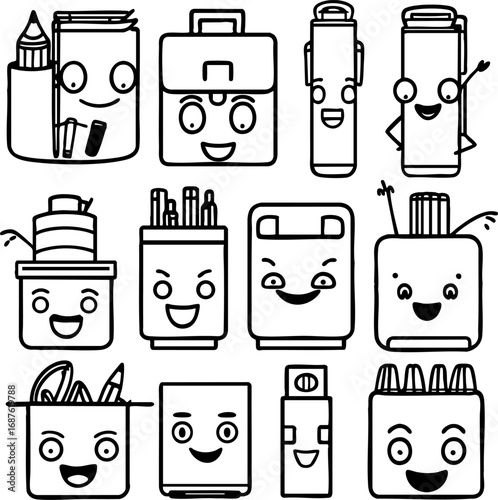 Funny personified office supplies with silly faces. Black outline drawing of humorous stationery items with arms minimalist line art vector isolated on white.