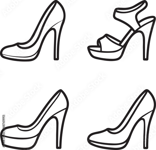 Set of High heel Outline vector illustration isolated On Transparent Background