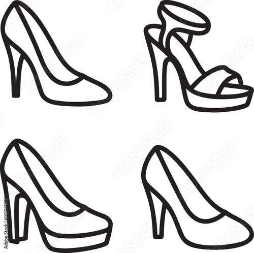 Set of High heel Outline vector illustration isolated On Transparent Background