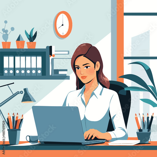 Businesswoman working on laptop. Flat modern vector office illustration isolated on white.