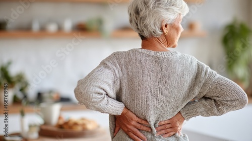 Elderly woman experiencing back pain while standing in cozy kitc