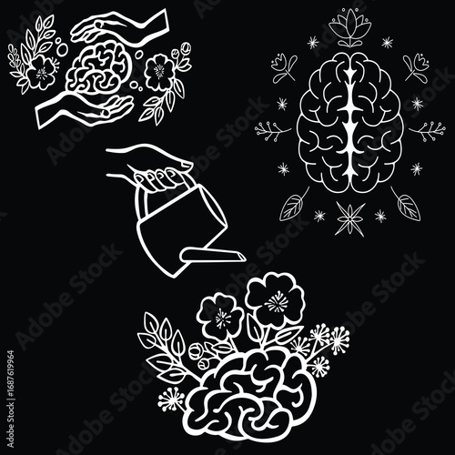 Black and White Illustrations of Brain Growth and Mental Wellness with Flowers Hands and Nature Elements Promoting Self Care and Emotional Healing for Mental Health Awareness