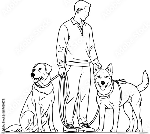 Person with Service Dog Vector Illustration. Assistance Animal Partnership Outline for Accessibility Materials