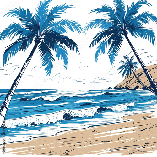 Coastal beach scene sketch with palm trees and waves. Blue accent color loose drawing style isolated on white background.