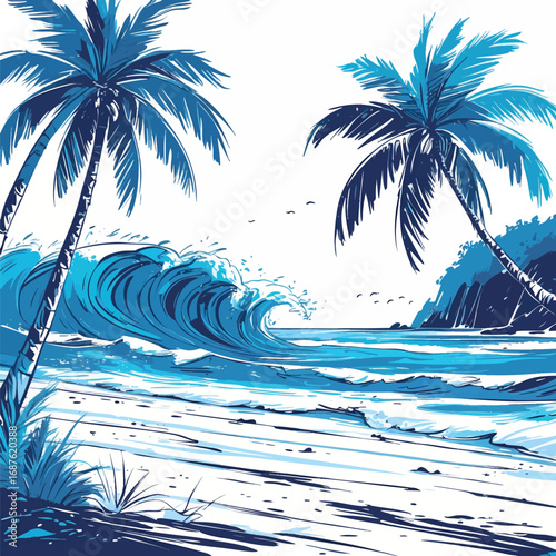 Coastal beach scene sketch with palm trees and waves. Blue accent color loose drawing style isolated on white background.