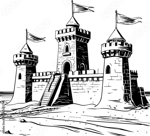Sandcastle Outline Vector Illustration. Detailed Architectural Line Drawing of Beach Sand Structure