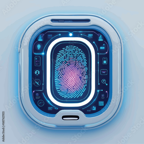 Fingerprint scanner vector UI. Futuristic neon blue security design isolated on white.