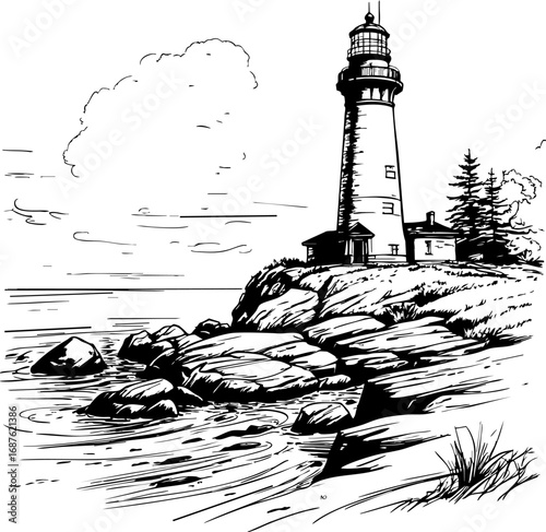 Lighthouse sketch on rocky shore. Vintage sea vector isolated on white.
