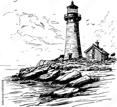 Lighthouse sketch on rocky shore. Vintage sea vector isolated on white.
