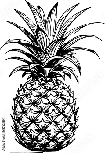 Pineapple sketch with leaves. Vintage tropical fruit vector isolated on white.