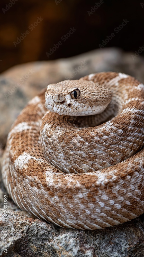 Fototapeta premium Coiled Desert Snake Resting on Rocky Surface with Intense Eyes