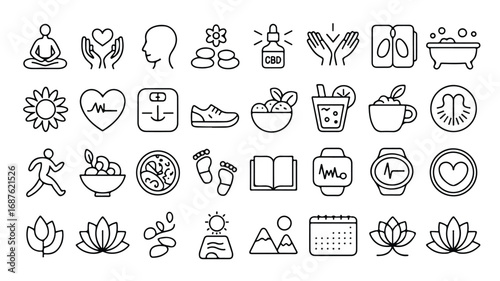 Wellness icons set for healthy lifestyle balance including meditation balanced diet fitness and relaxation self care vector illustration