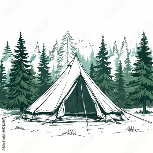 Tent in pine forest sketch. Outdoor camping vector isolated on white.