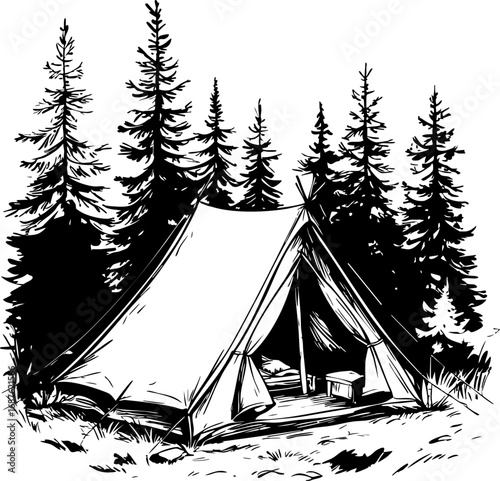 Tent in pine forest sketch. Outdoor camping vector isolated on white.