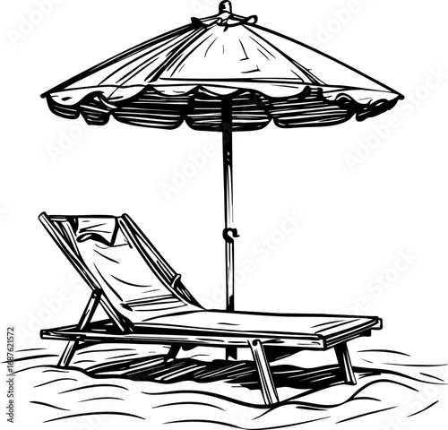 Sketch vector of beach umbrella and lounger summer vacation outline illustration
