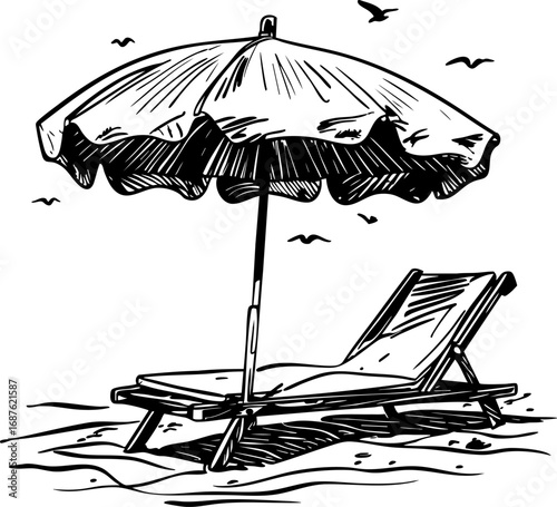 Sketch vector of beach umbrella and lounger summer vacation outline illustration