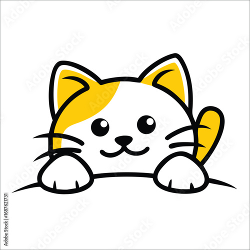 Cute cartoon cat peeking over a white surface with yellow and white fur.