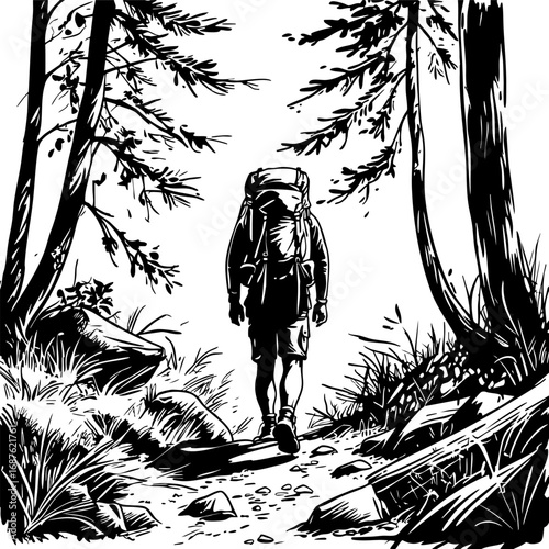 Sketch vector of hiker on forest trail outdoor adventure travel icon