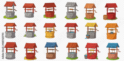 An array of colorful cartoon water wells and wishing wells, each with a roof, crank, and bucket, presented in various designs.