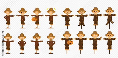 A collection of cartoon scarecrows in various poses, some holding pumpkins, set against a transparent background.