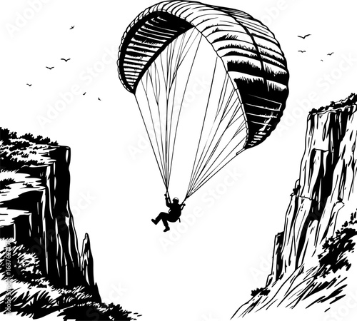 Sketch vector of paraglider flying over cliffs extreme summer aerial sport icon