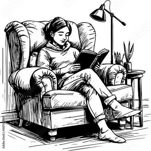 Sketch vector of person reading in cozy chair peaceful indoor relaxation scene
