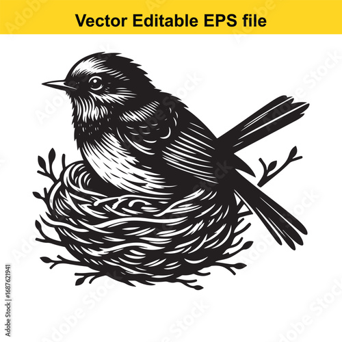  black and white illustration of a bird sitting in a nest, isolated on white background