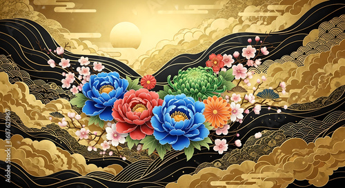Luxury Japanese Floral Gold Cloud Wave Background
