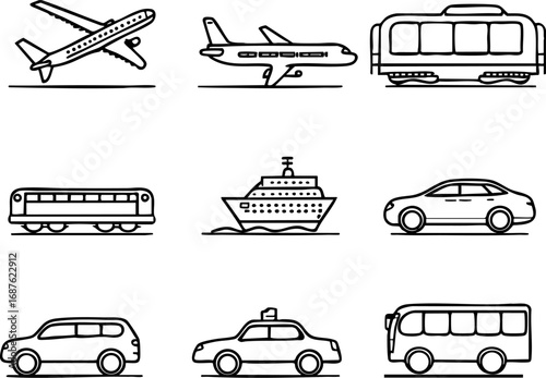 Travel Transportation Outline Icons Vector Set. Minimalist Line Drawing of Vehicles and Travel Modes