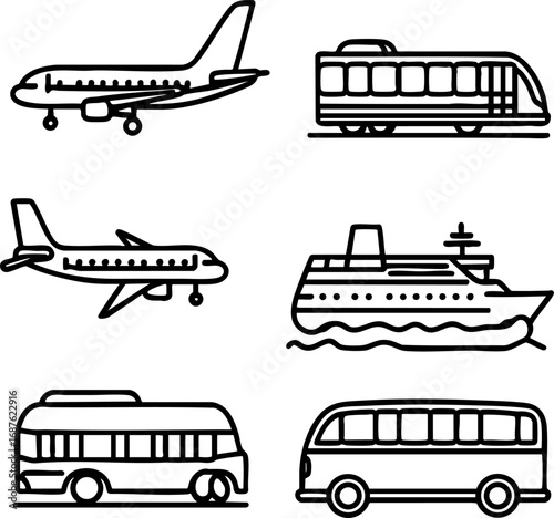 Travel Transportation Outline Icons Vector Set. Minimalist Line Drawing of Vehicles and Travel Modes