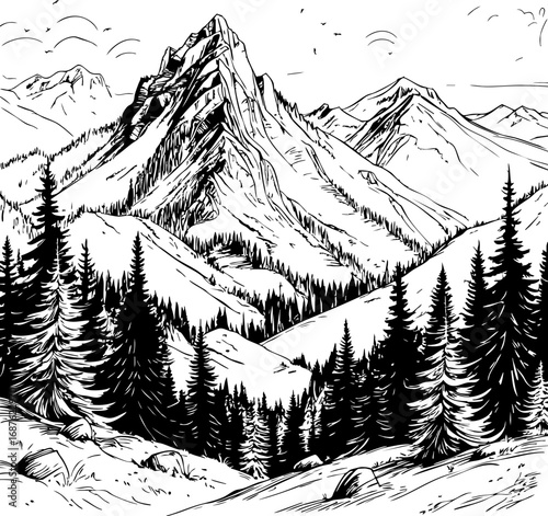 Mountain forest landscape sketch fine line vector drawing with coniferous trees isolated