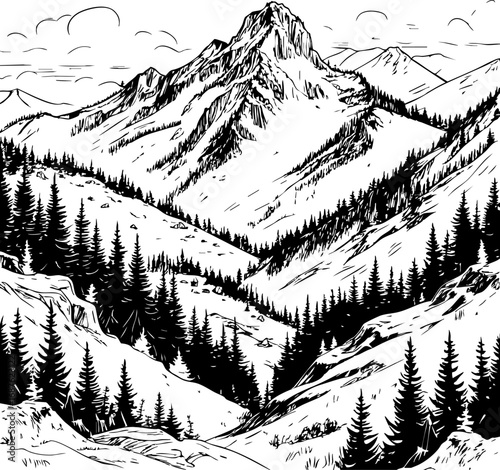Mountain forest landscape sketch fine line vector drawing with coniferous trees isolated