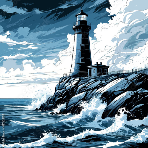 Ocean lighthouse scene sketch with rocky coastline and crashing waves. Detailed linework with dramatic sky isolated on white background.