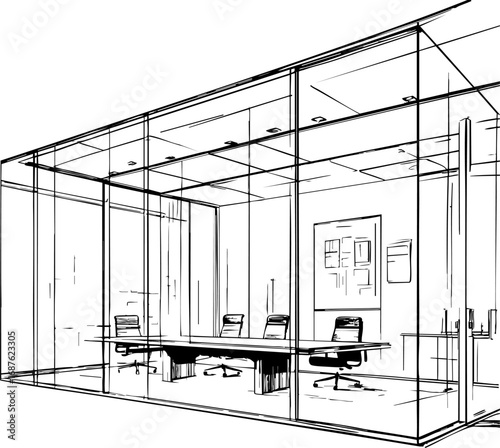 Open-plan office outline – conference area and modern workspace concept