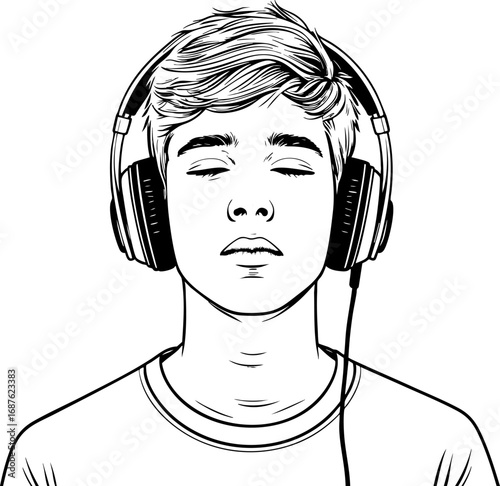 Candid portrait of teenager with headphones outline vector in relaxed listening moment