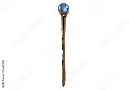 A stylized, wooden staff supports a vibrant blue orb, showcasing intricate detail and a mystical feel.