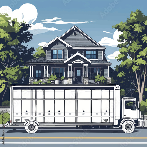 Outline vector of moving truck with boxes and house for relocation concept