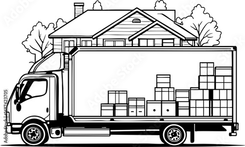 Outline vector of moving truck with boxes and house for relocation concept