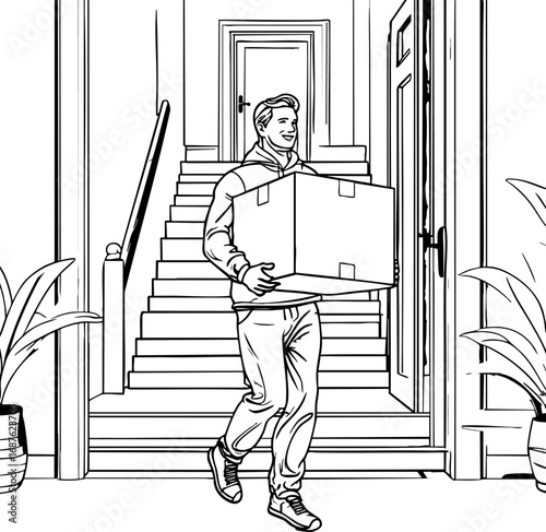 Outline drawing of person relocating to new apartment carrying box inside