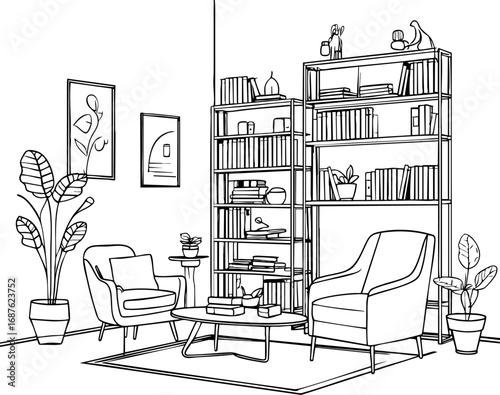 Cozy office corner outline – armchair bookshelf and table in line art style