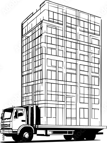 Business office building on truck outline vector for company relocation concept