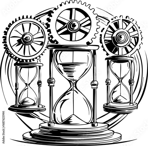 Temporal loop with spinning gears and hourglasses outline vector of symbolic time machinery