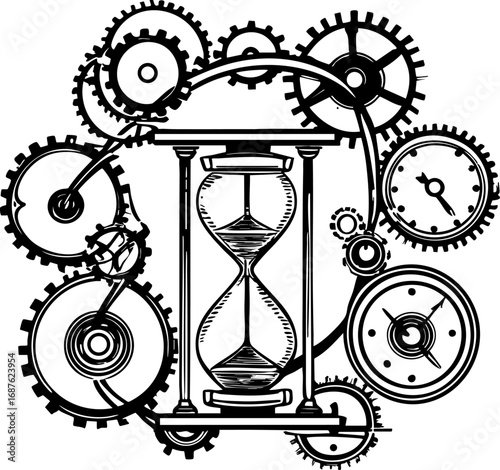 Temporal loop with spinning gears and hourglasses outline vector of symbolic time machinery