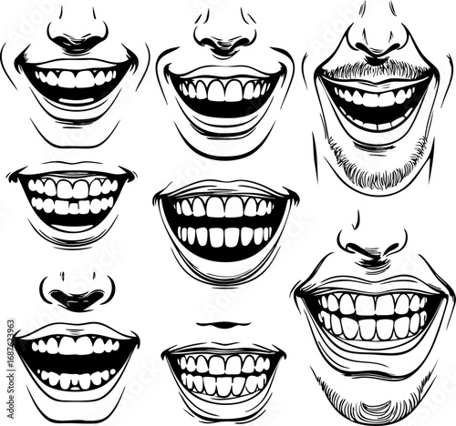Laughing mouth variations outline illustration. Black thin line drawing of different smiles and joyful expressions vector design isolated on white background.